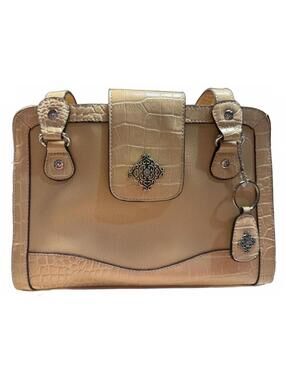 Beige Faux Leather Satchel Handbag with Croc-Embossed Trim and Top Handles